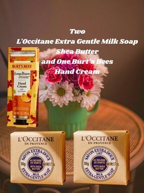Two L'Occitane Milk Extra-Gentle Soaps and One Burt’s Bees Hand Cream